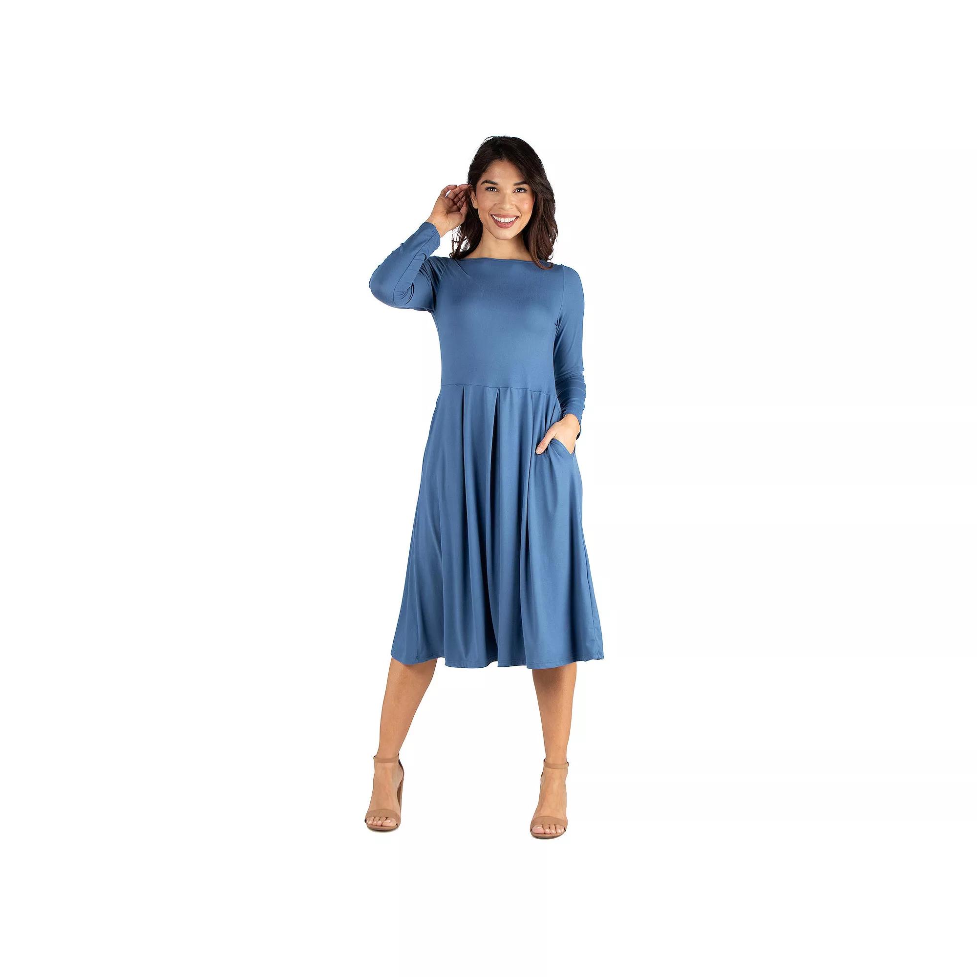 Women's 24Seven Comfort Apparel Long Sleeve Fit & Flare Dress with Pockets,  Product Image