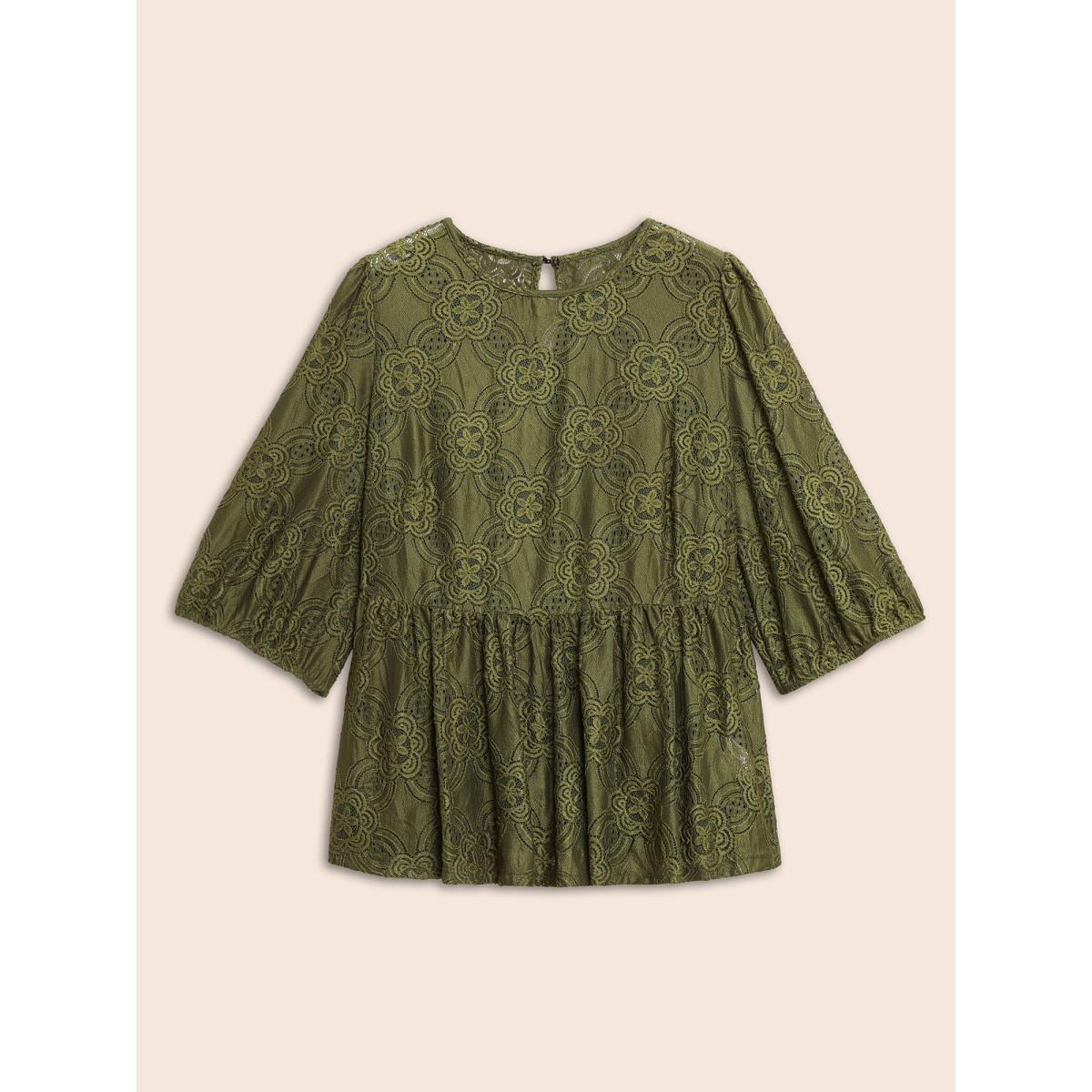 Plus Size Olive Crew Neck Crochet Lace Lantern Sleeve Blouse Women Elegant Elbow-length sleeve Round Neck Everyday Blouses BloomChic 26/4X Product Image