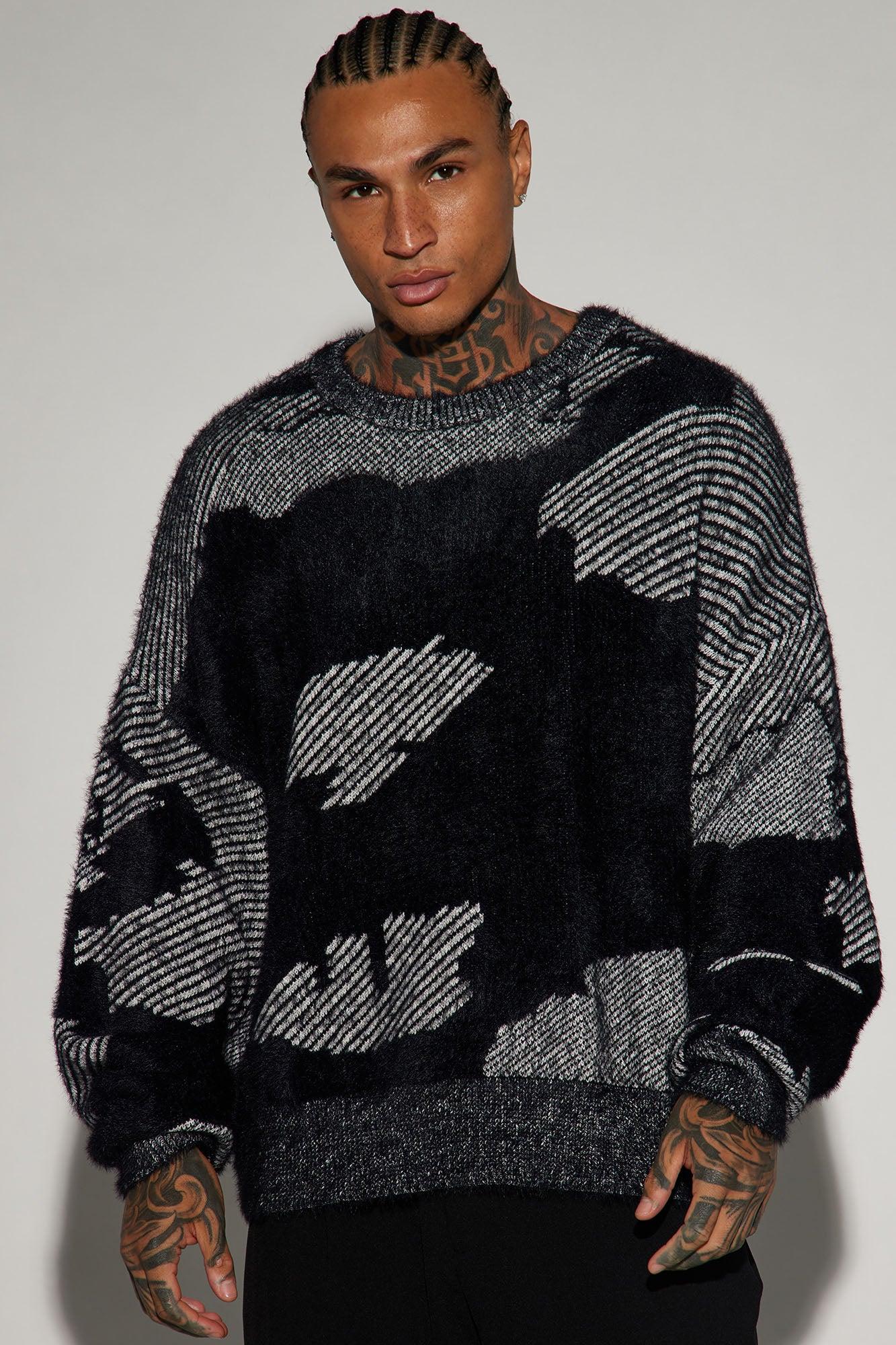 Fuzzy Textured Crewneck Sweater - Black/combo Male Product Image