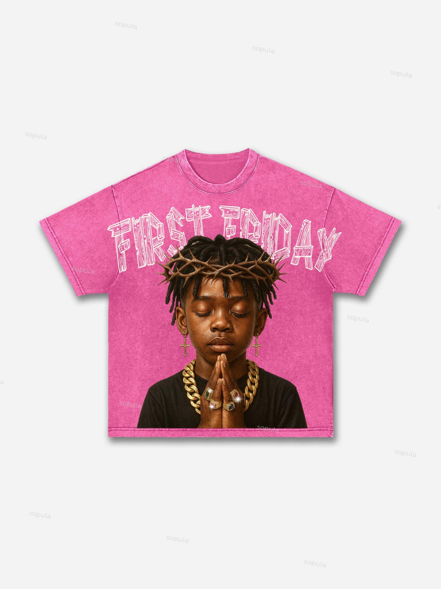 First Friday Devotion Retro Graphic Acid Wash T-shirt Product Image