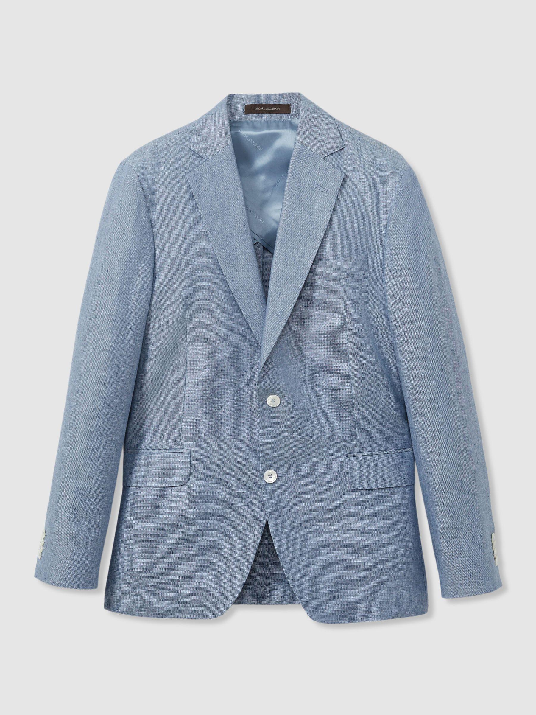 Oscar Jacobson Linen Single Breasted Blazer in Dark Blue Product Image