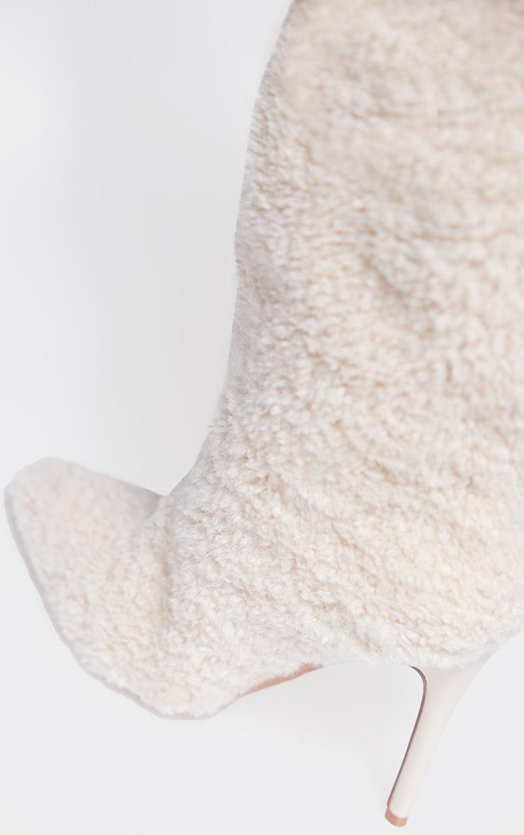 Cream Borg Point Toe High Stiletto Knee High Boots Product Image