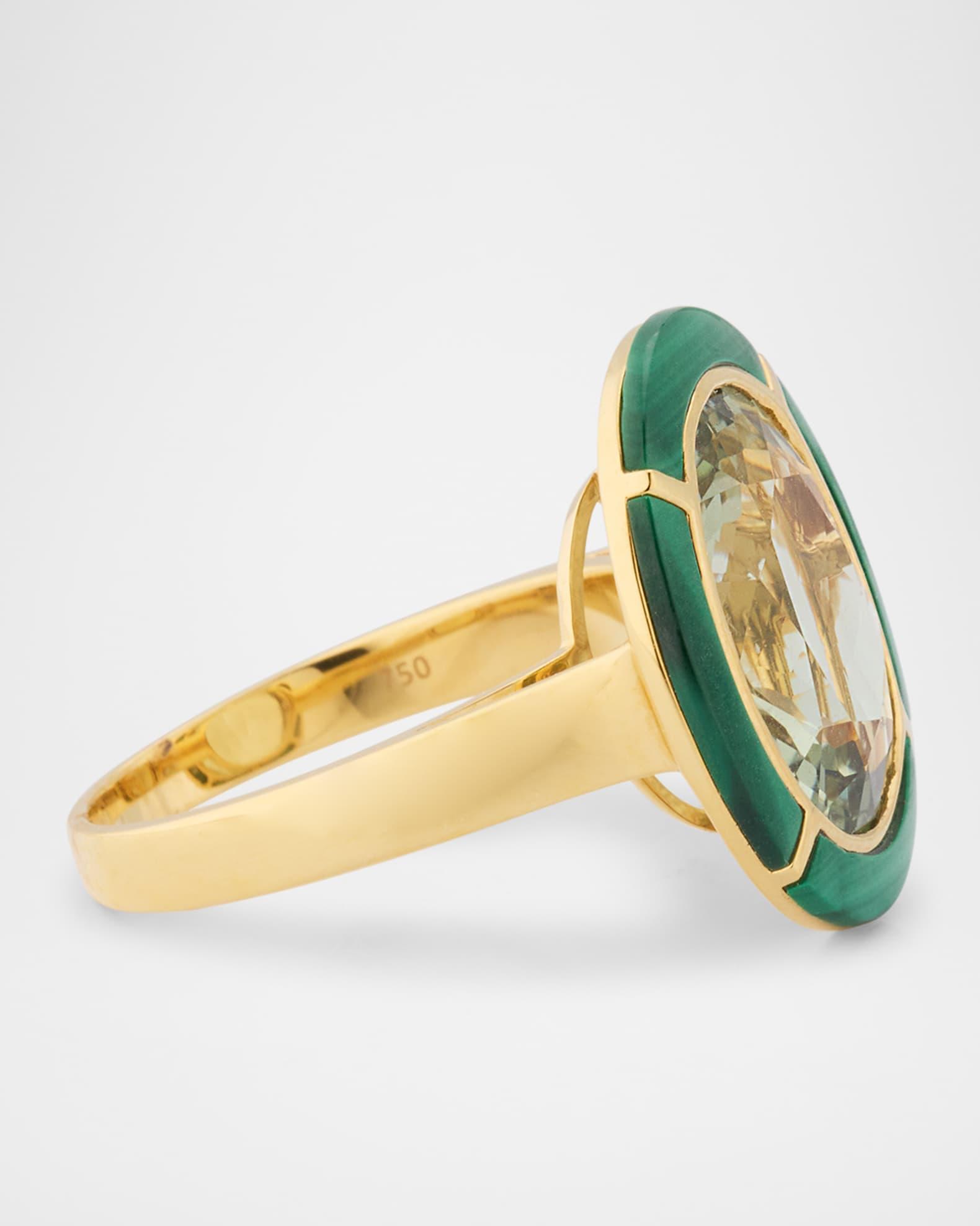 Melange 18K Yellow Gold Prasiolite Oval Ring with Malachite Inlay Product Image