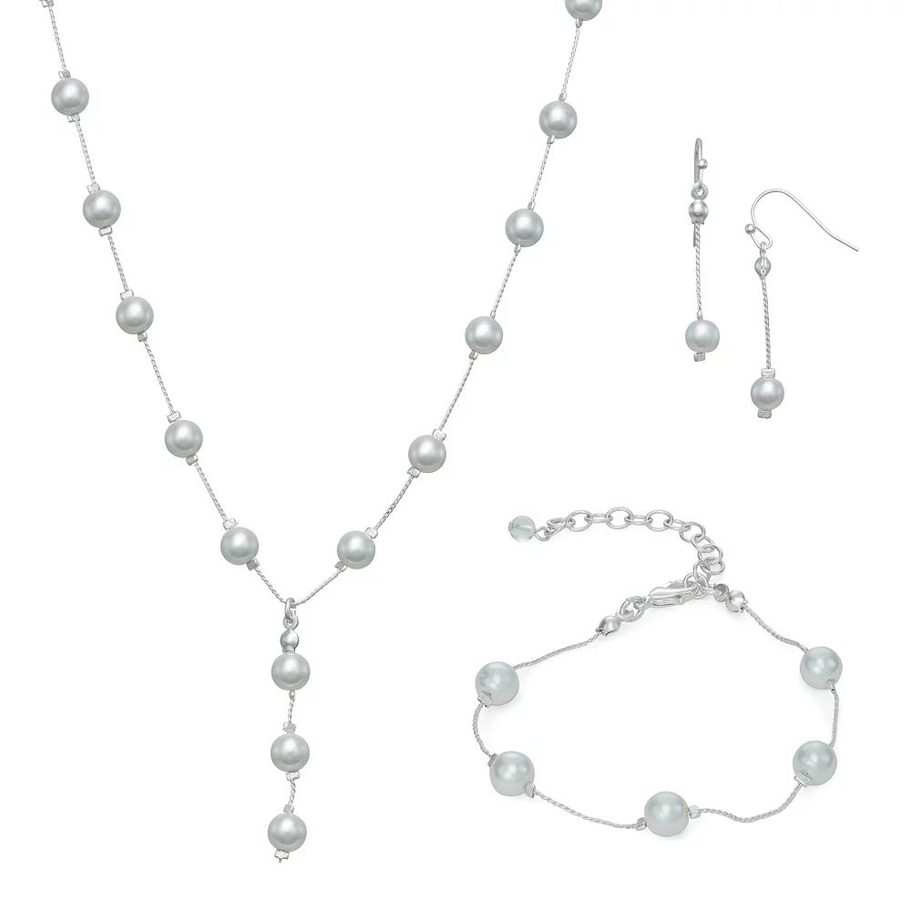 You're Invited... Silver Tone Simulated Pearl Y Necklace, Bracelet & Earrings Set, Women's Product Image