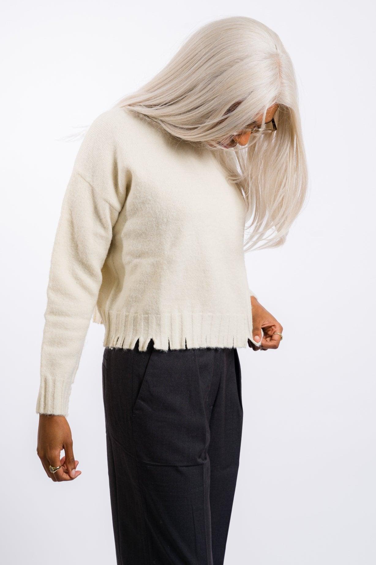 Grade & Gather Distressed Hem Sweater Top - Ivory Product Image