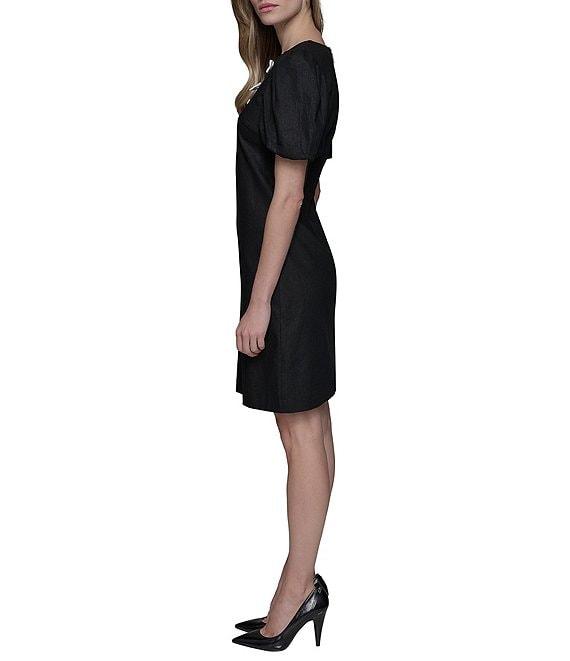 KARL LAGERFELD PARIS Linen Blend Crew Neck Short Sleeve Bow Sheath Mini Dress Product Image