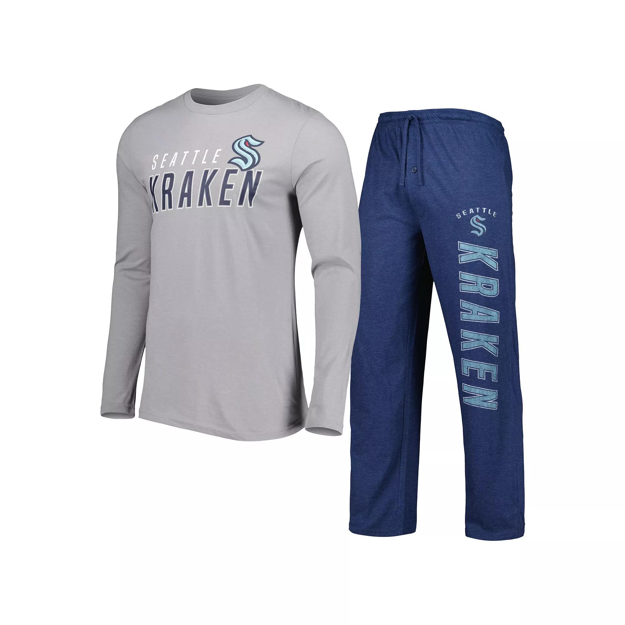 Men's Concepts Sport Deep Sea Blue/Gray Seattle Kraken Meter Long Sleeve T-Shirt & Pants Sleep Set, Size: Medium, Krk Grey Product Image