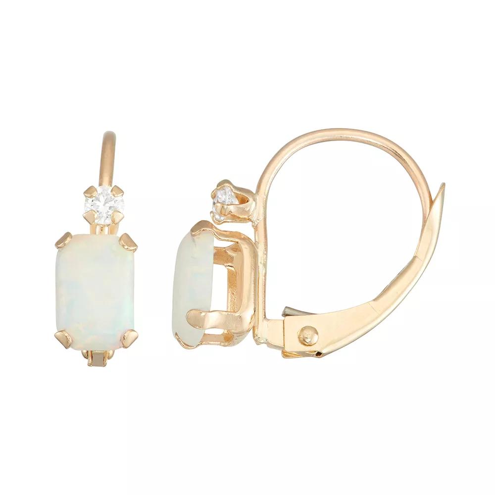 Designs by Gioelli 10k Gold Emerald-Cut Lab-Created Opal & White Zircon Leverback Earrings, Women's Product Image