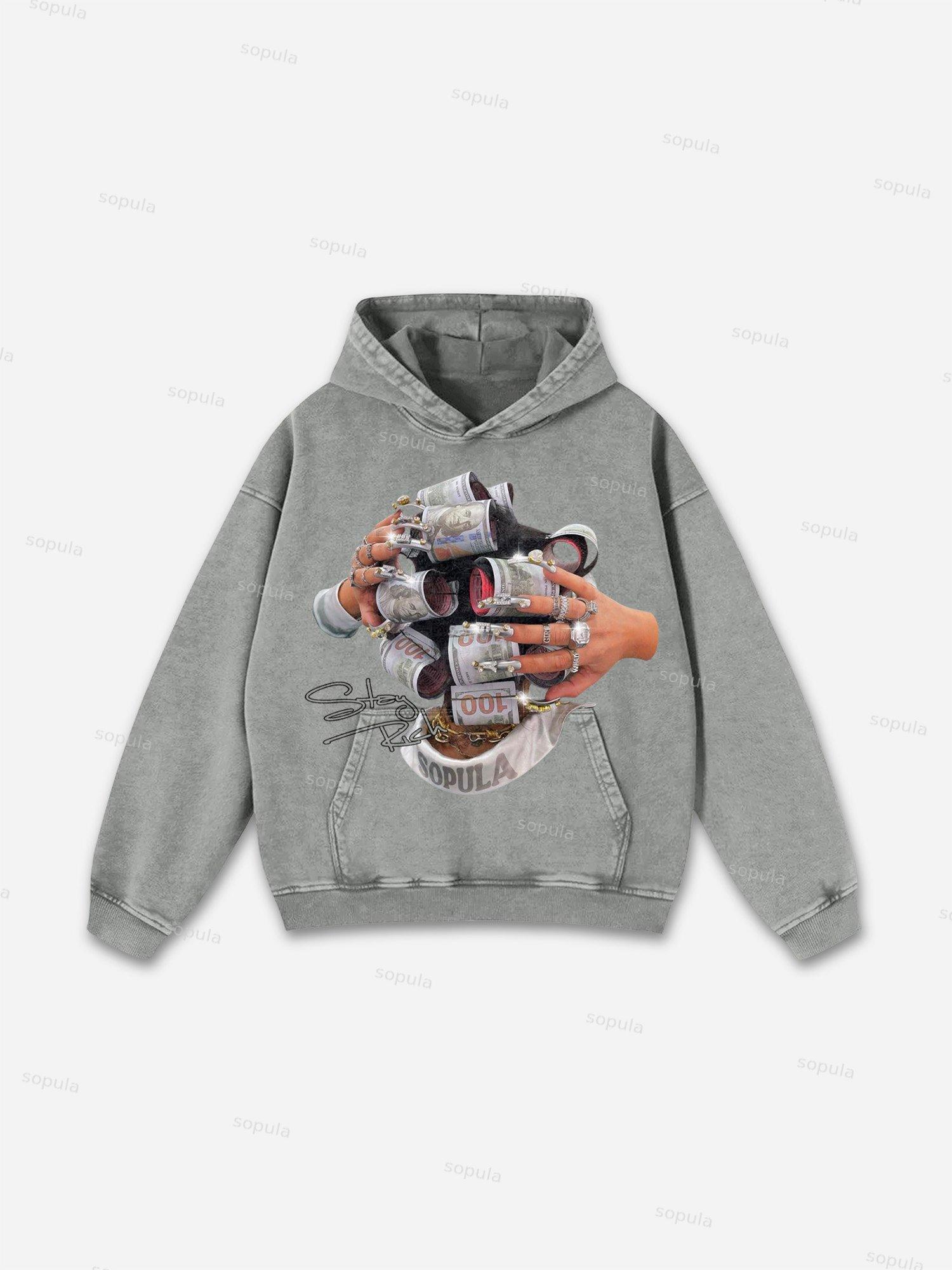 Stay Rich In Street Culture Portrait Graphic Acid Wash Hoodie Product Image