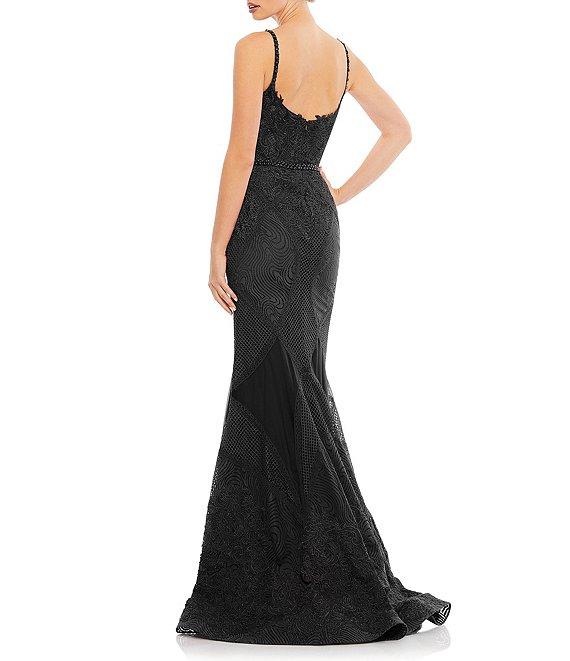 Mac Duggal Deep Split V-Neck Embroidered Mixed Media Trumpet Gown Product Image