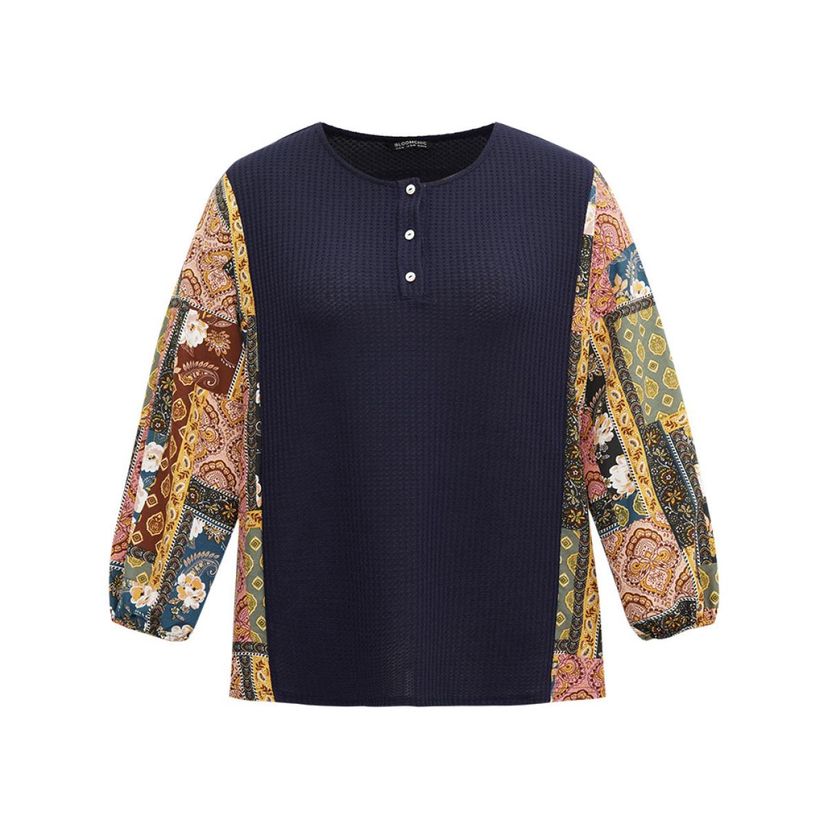 Plus Size Boho Print Button Up Patchwork Lantern Sleeve Sweatshirt DarkBlue Women Casual Elastic cuffs Bohemian Print Open Front Dailywear T-shirts BloomChic 28/5X Product Image