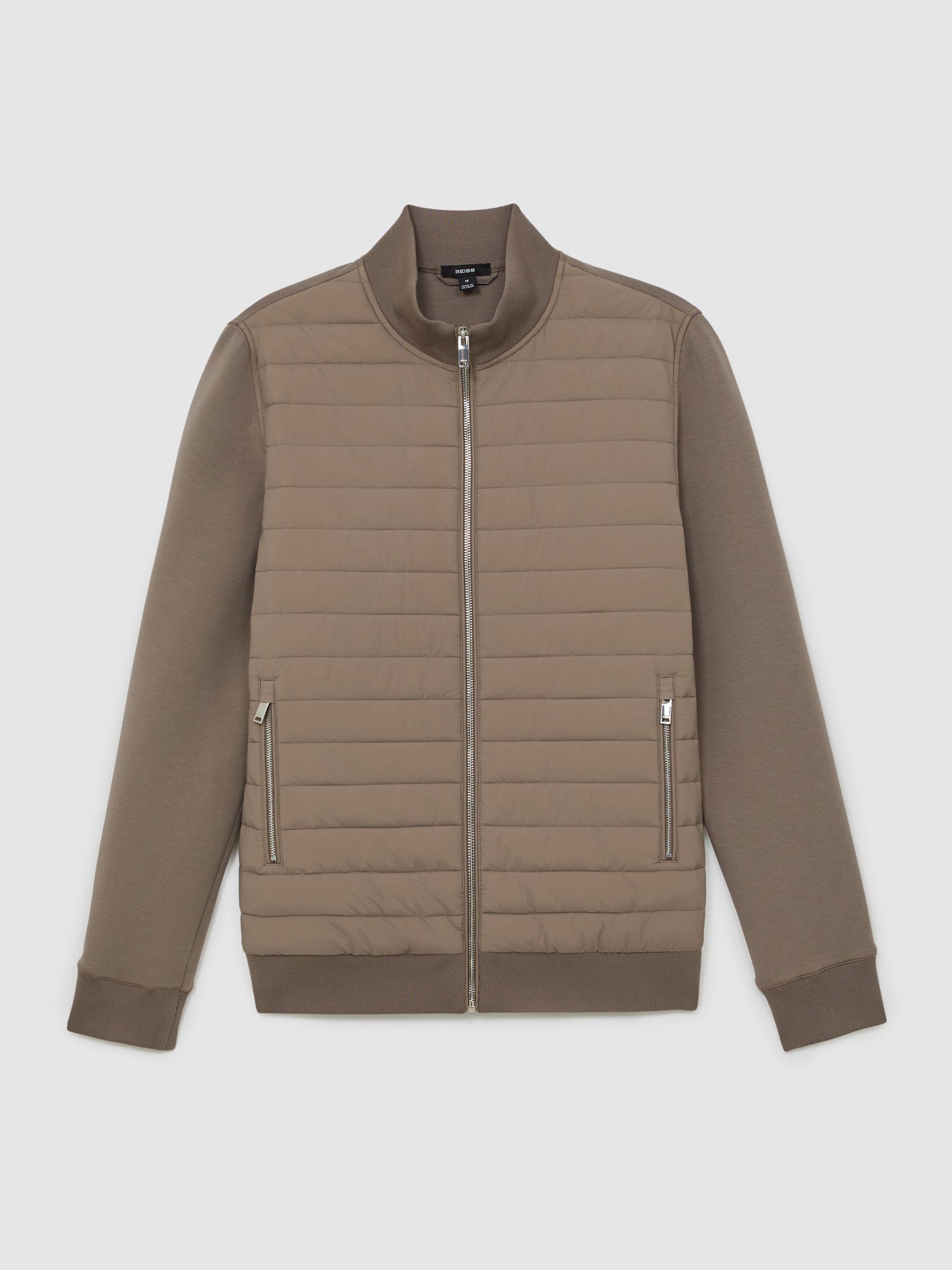 Hybrid Quilt and Knit Zip-Through Jacket in Taupe Brown Product Image