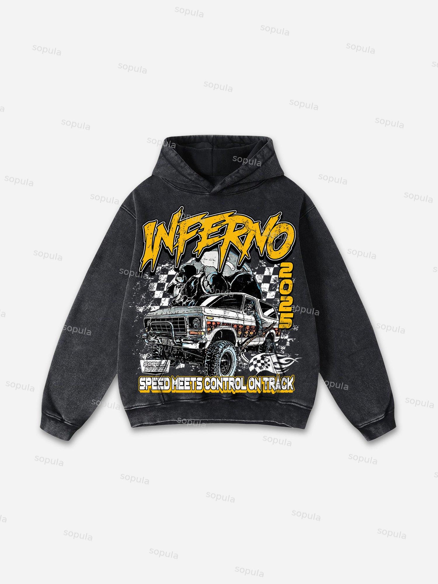 Racing Inferno Skeleton Print Washed Hoodie Product Image