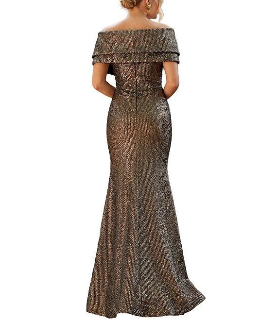 Terani Couture Shimmer Off-The-Shoulder V-Neck Gown Product Image
