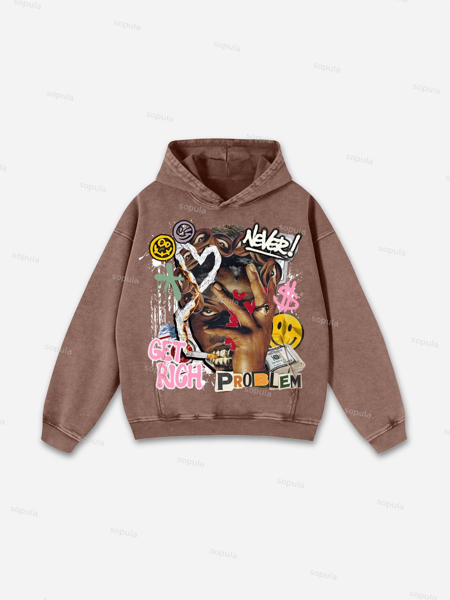 Get Rich Vintage Abstract Graphic Acid Wash Hoodie Product Image