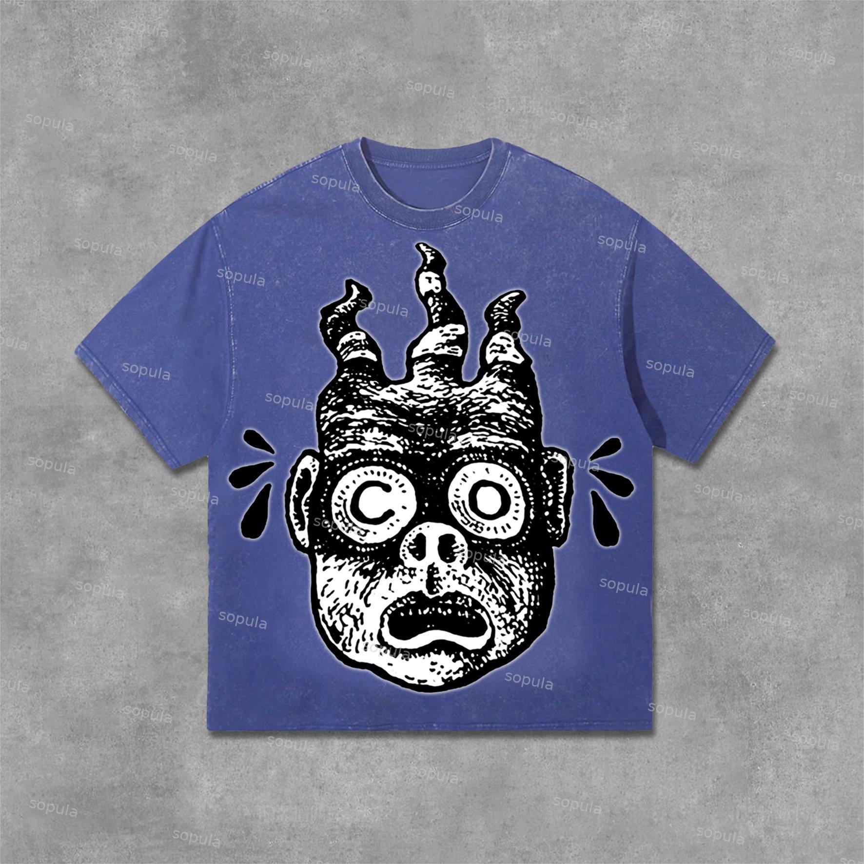 Men's Funny Cartoon Avatar Graphic Acid Washed T-Shirt Product Image