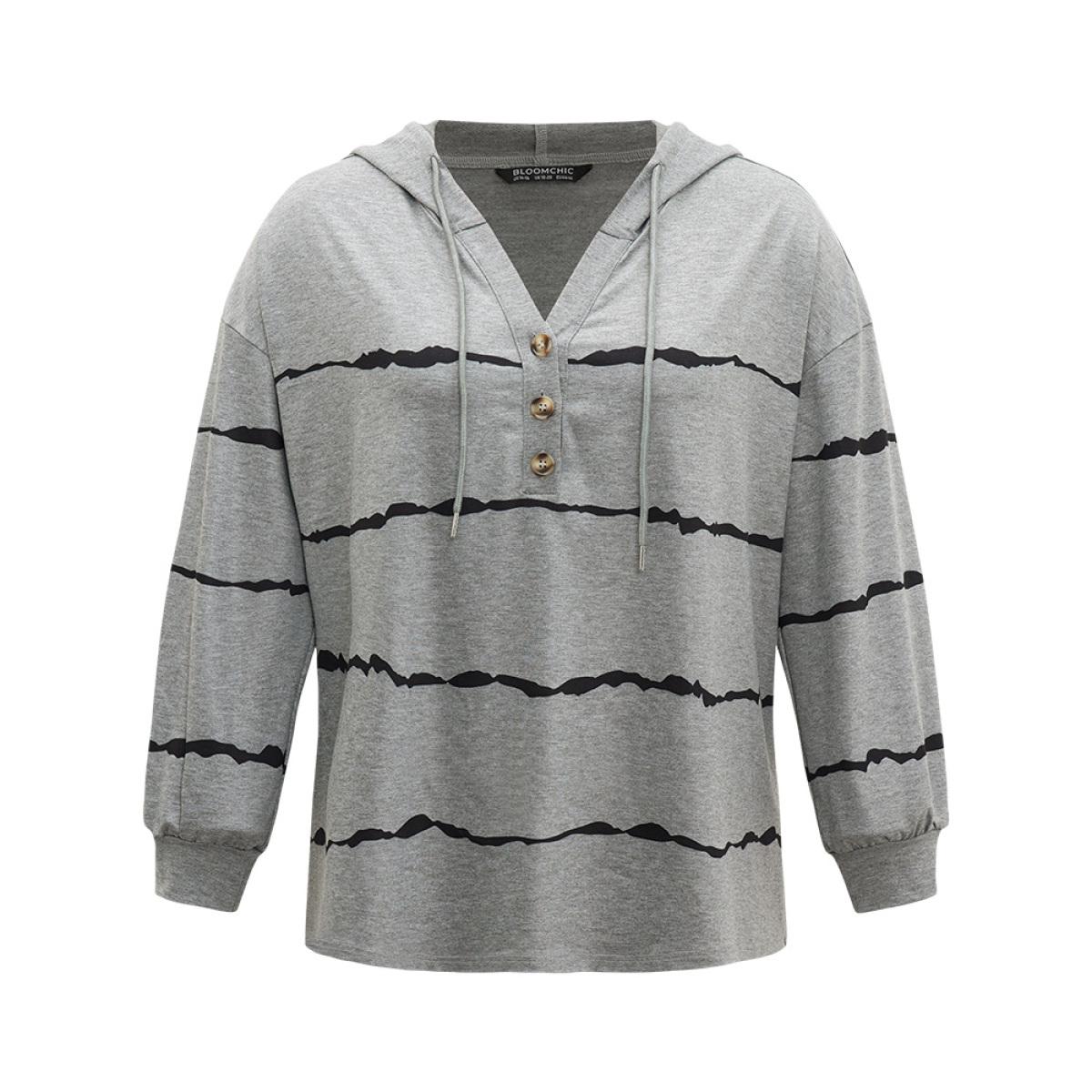 Plus Size Striped Drawstring Hooded Button Up Sweatshirt Women Gray Casual Elastic cuffs Hooded Dailywear Sweatshirts BloomChic 12/L Product Image