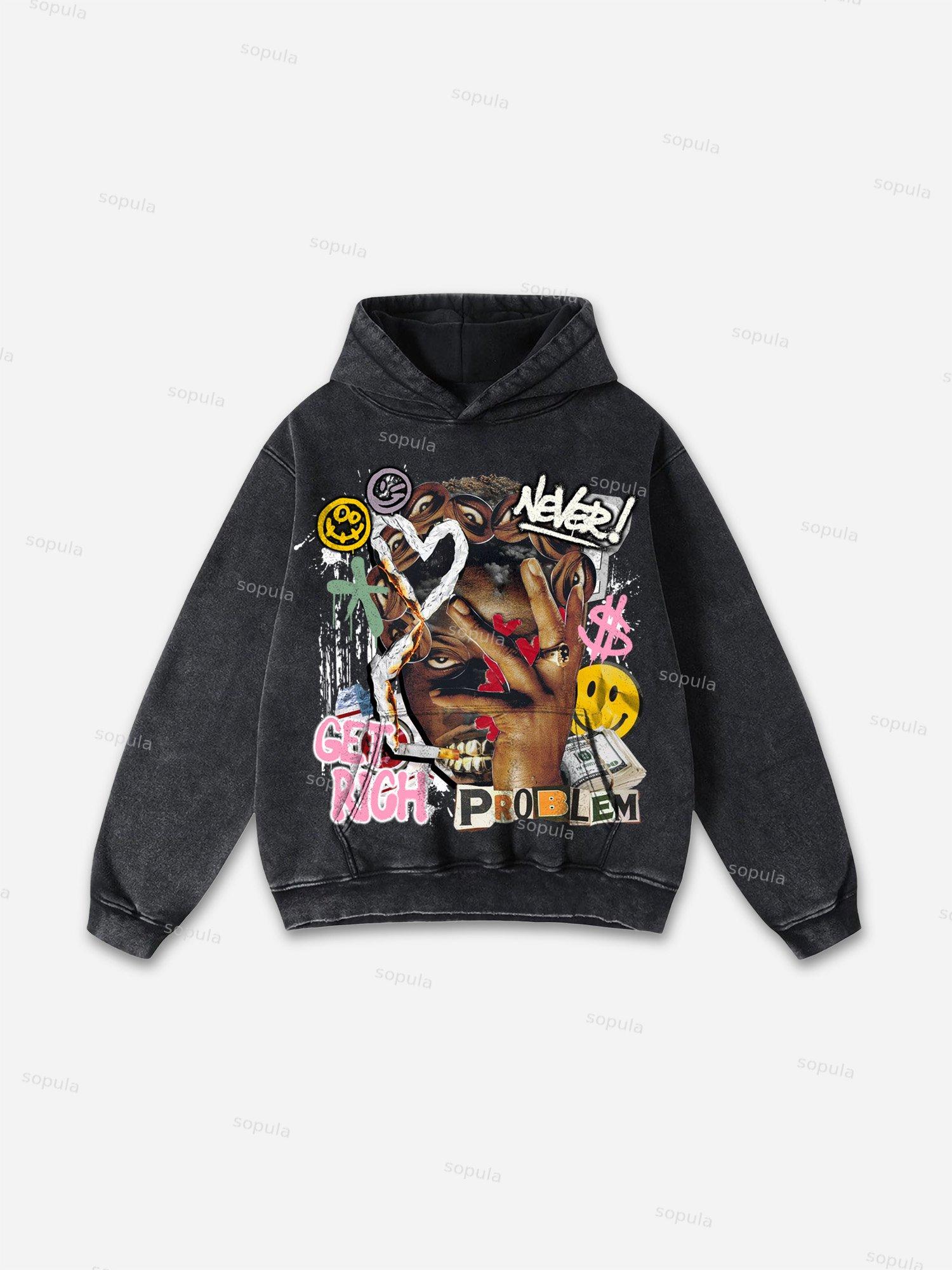 Get Rich Vintage Abstract Graphic Acid Wash Hoodie Product Image