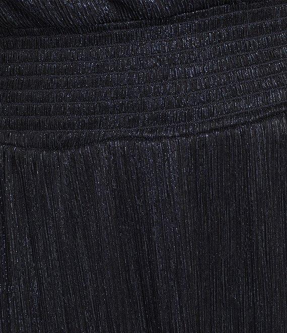 Marina Plus Size V Neck 3/4 Sleeve Smock Waist Mini Pleat Metallic Dress Product Image