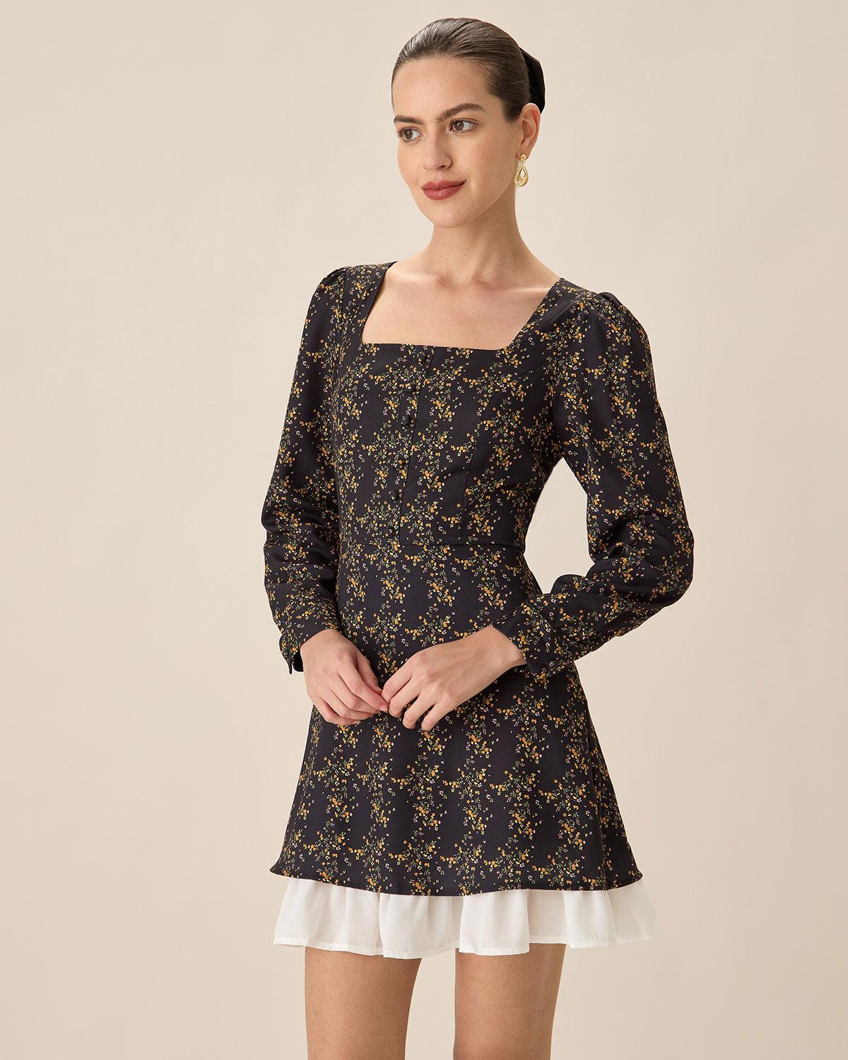 Black Contrasting Puffed Sleeve Mini Dress Product Image