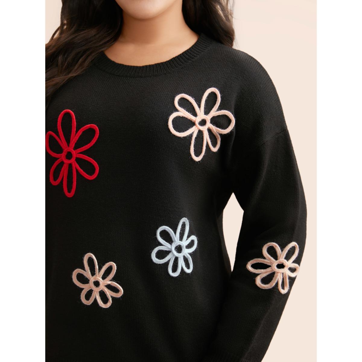 Plus Size Crochet Floral Crew Neck Pullover Black Women Casual Loose Long Sleeve Round Neck Everyday Pullovers BloomChic 18-20/2X Product Image