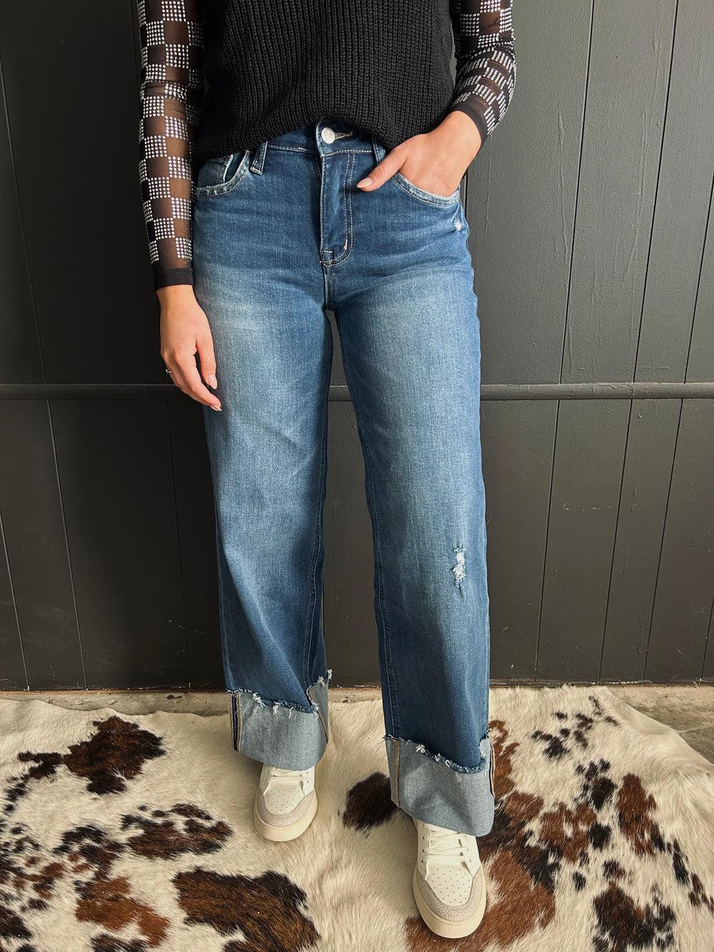 High Rise Wide Leg Cuff Jeans loop Product Image