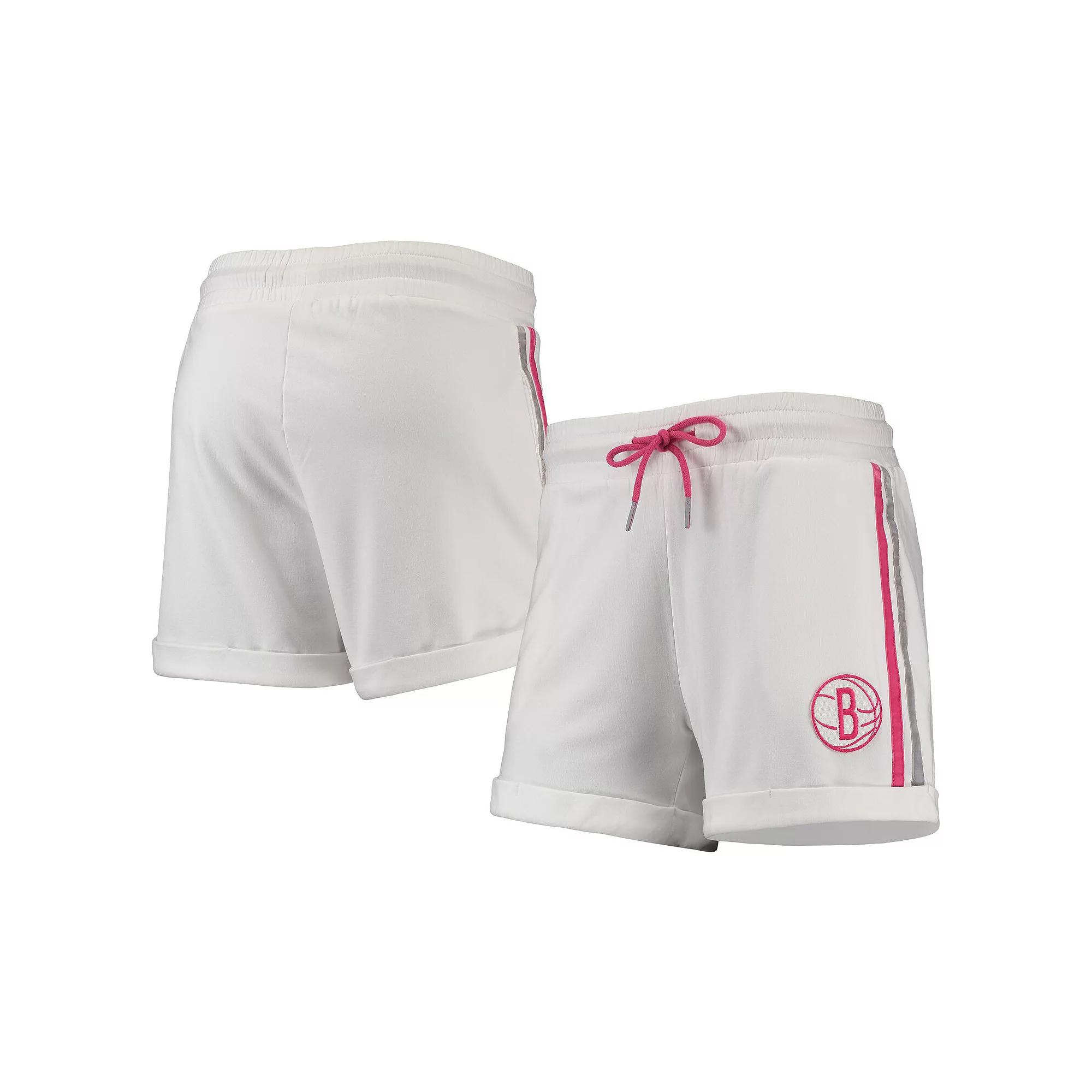 Women's Lusso White/Pink Brooklyn Nets Melody Cuffed Tri-Blend Shorts, Size: Medium Product Image