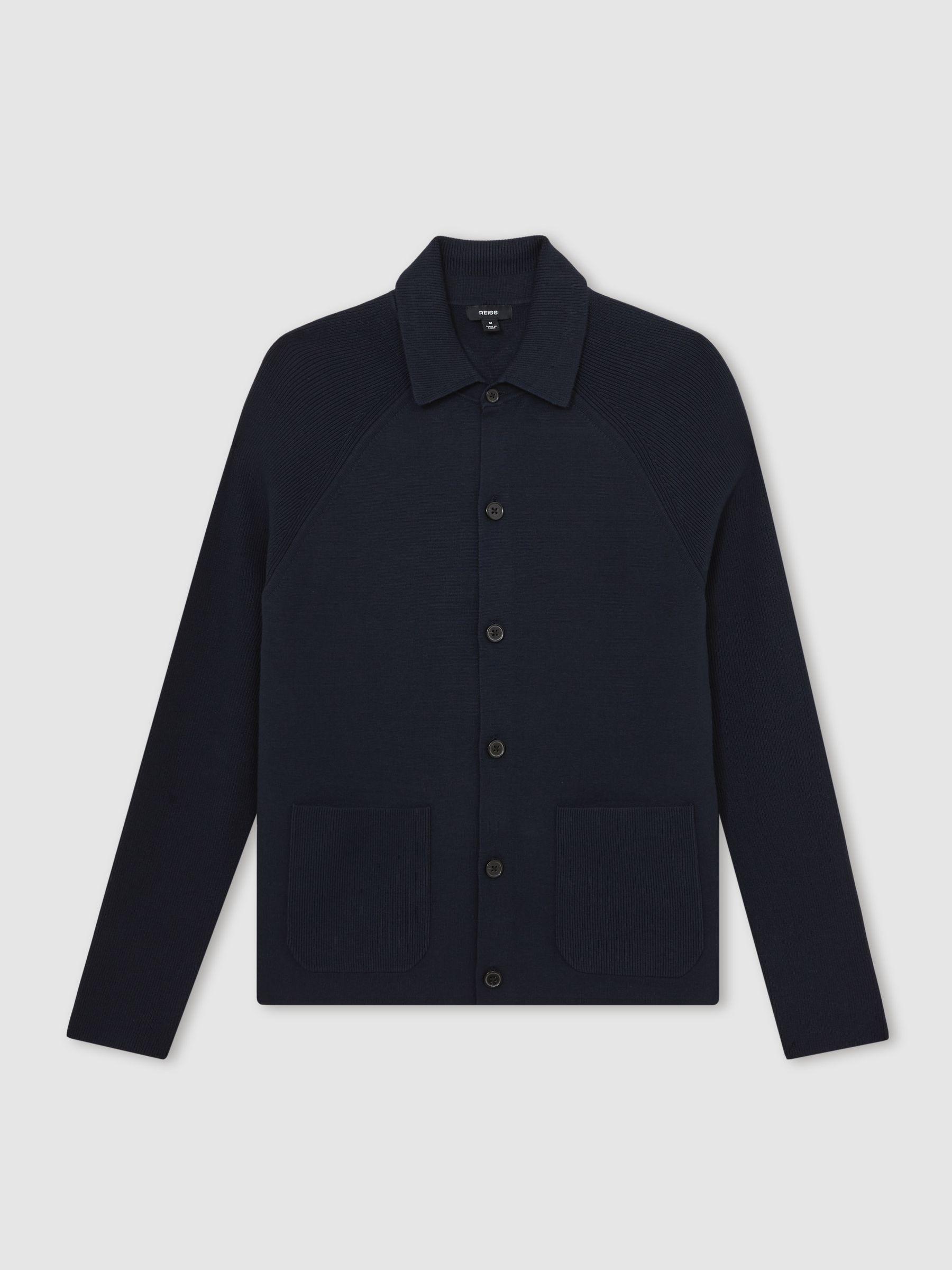 Button-Through Ribbed-Sleeve Shirt in Navy Blue Product Image