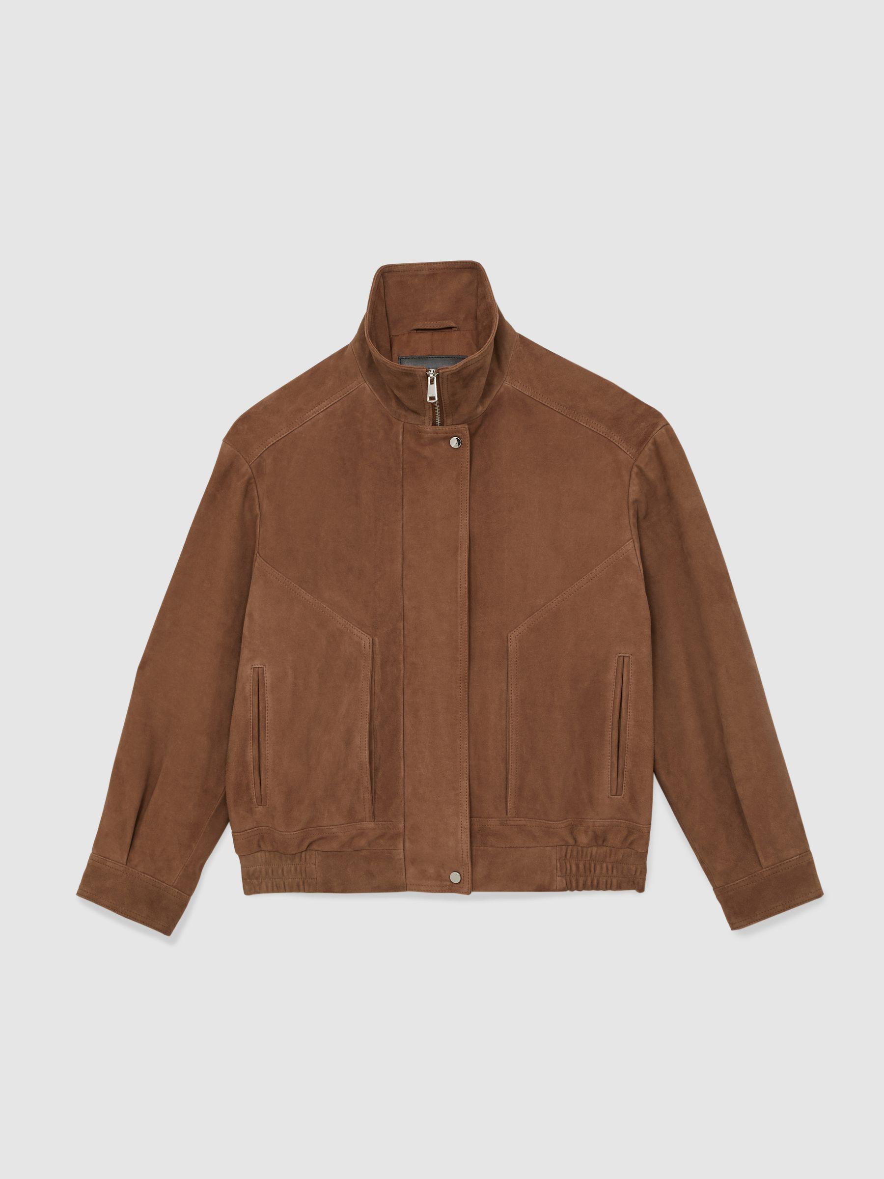 Suede Funnel-Neck Bomber Jacket in Tan Product Image