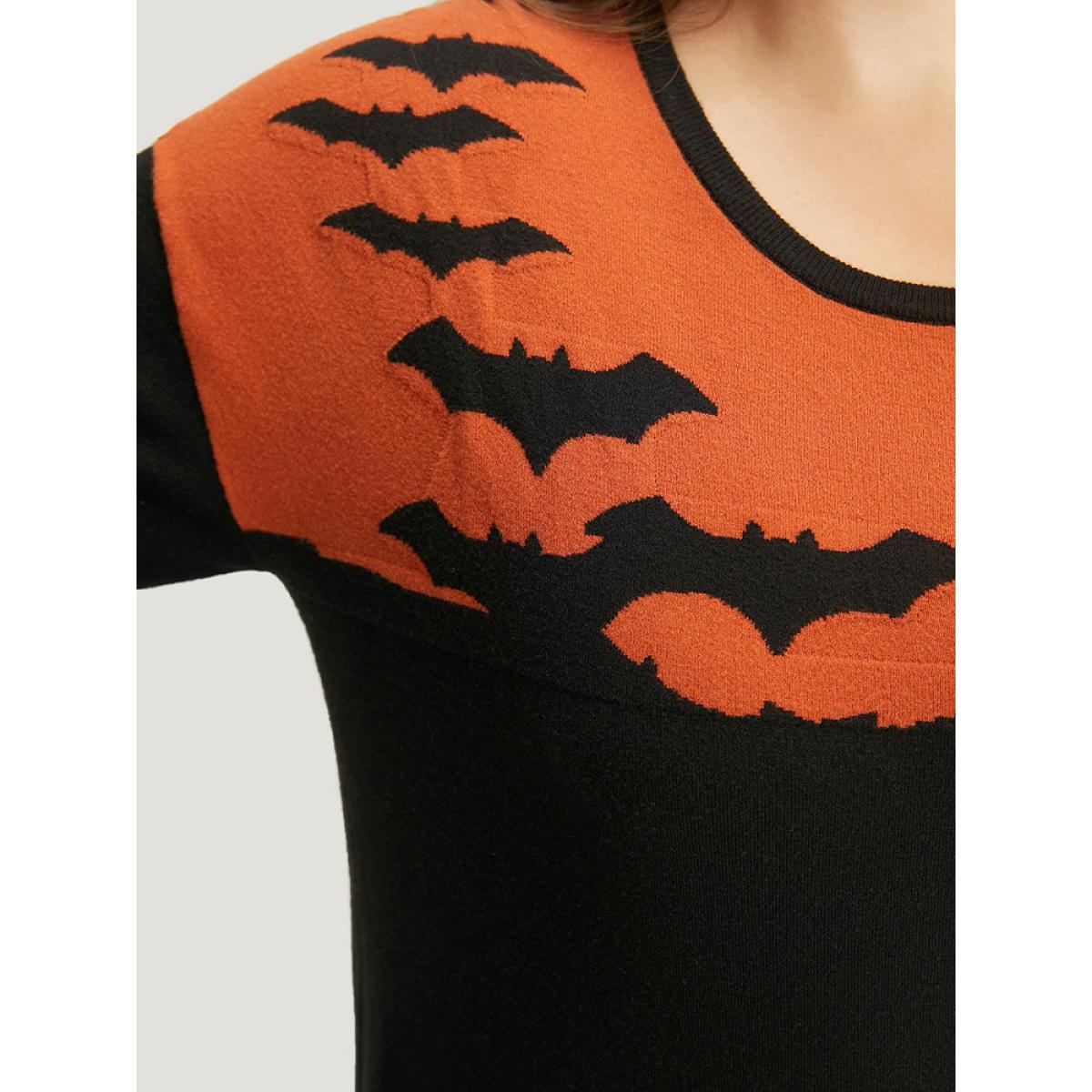 Plus Size Halloween Supersoft Essentials Two Tone Bat Print Pullover Black Women Casual Long Sleeve Round Neck Festival-Halloween Pullovers BloomChic 26/4X Product Image