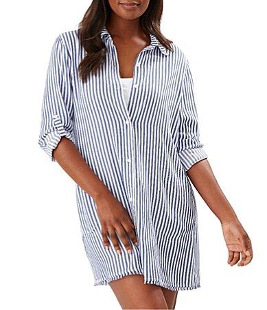 Tommy Bahama Chambray Stripe Boyfriend Shirt Swim Cover-Up Product Image