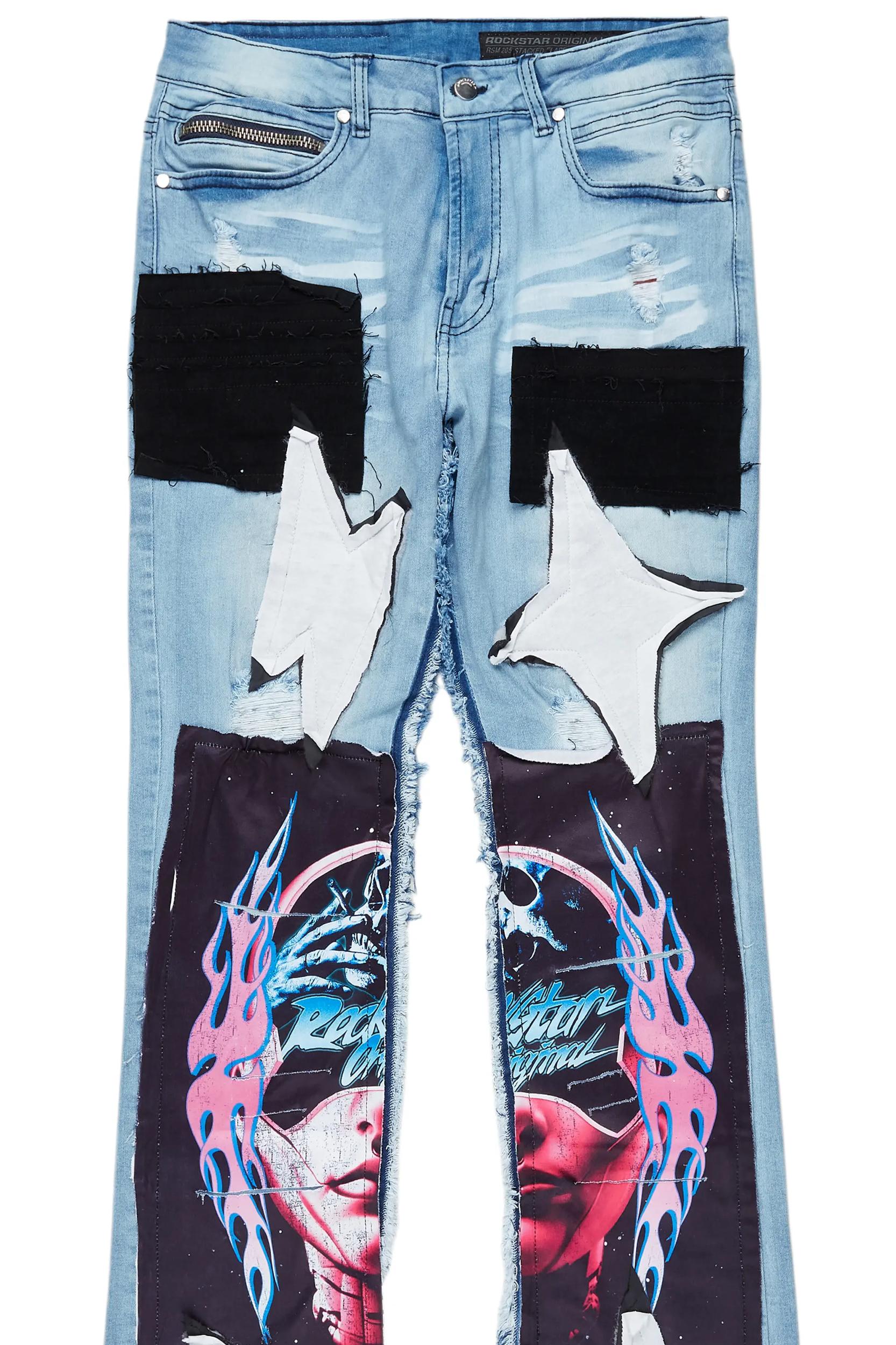 Helios Blue Patchwork Stacked Flare Jean Male Product Image