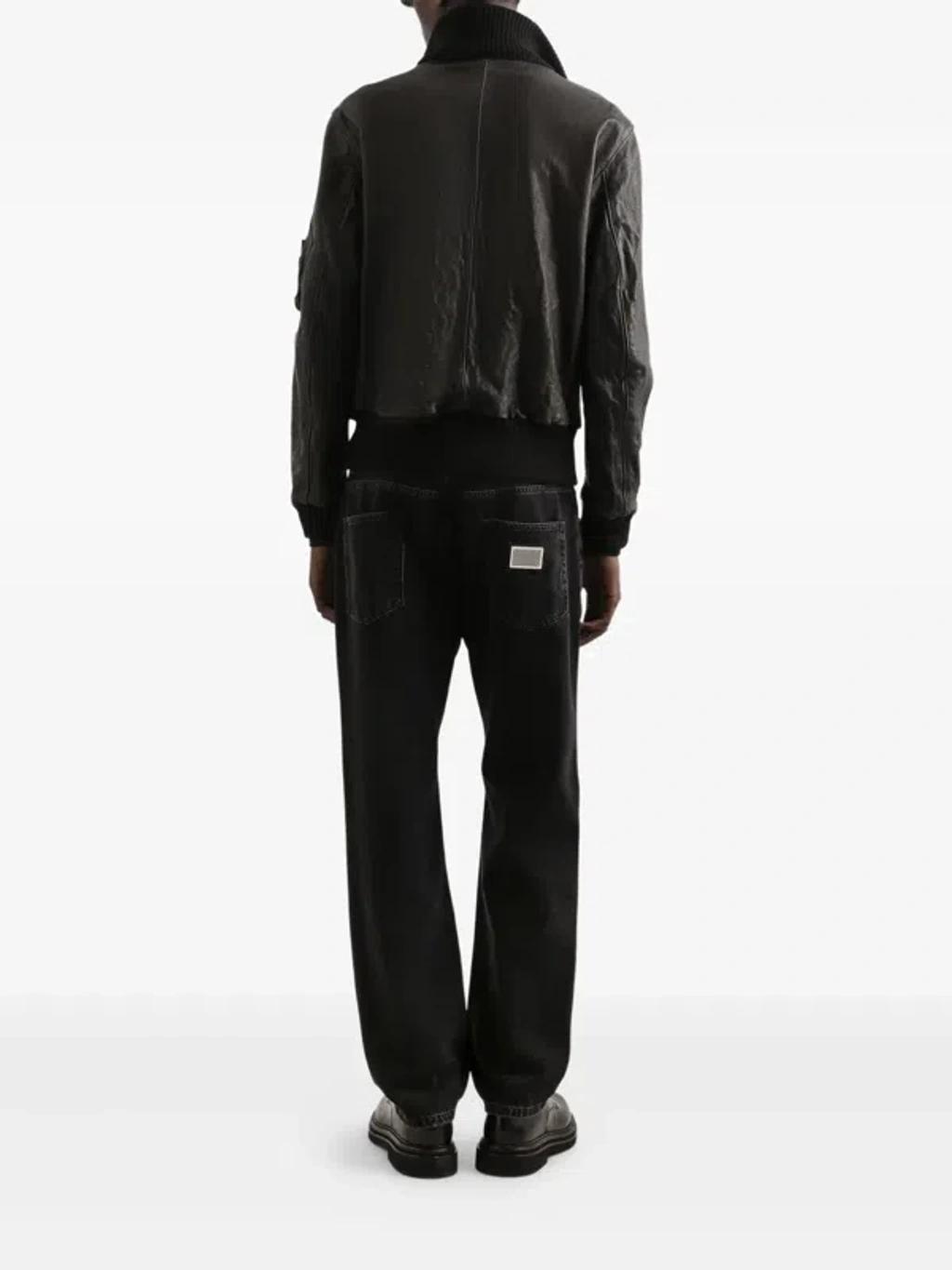 DOLCE & GABBANA Ribbed-collar Leather Jacket In Black Product Image