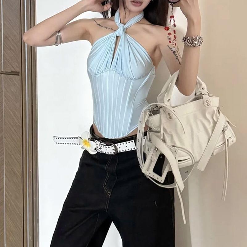 Halter Neck Cross Strap Plain Knotted Corset Tank Top Product Image