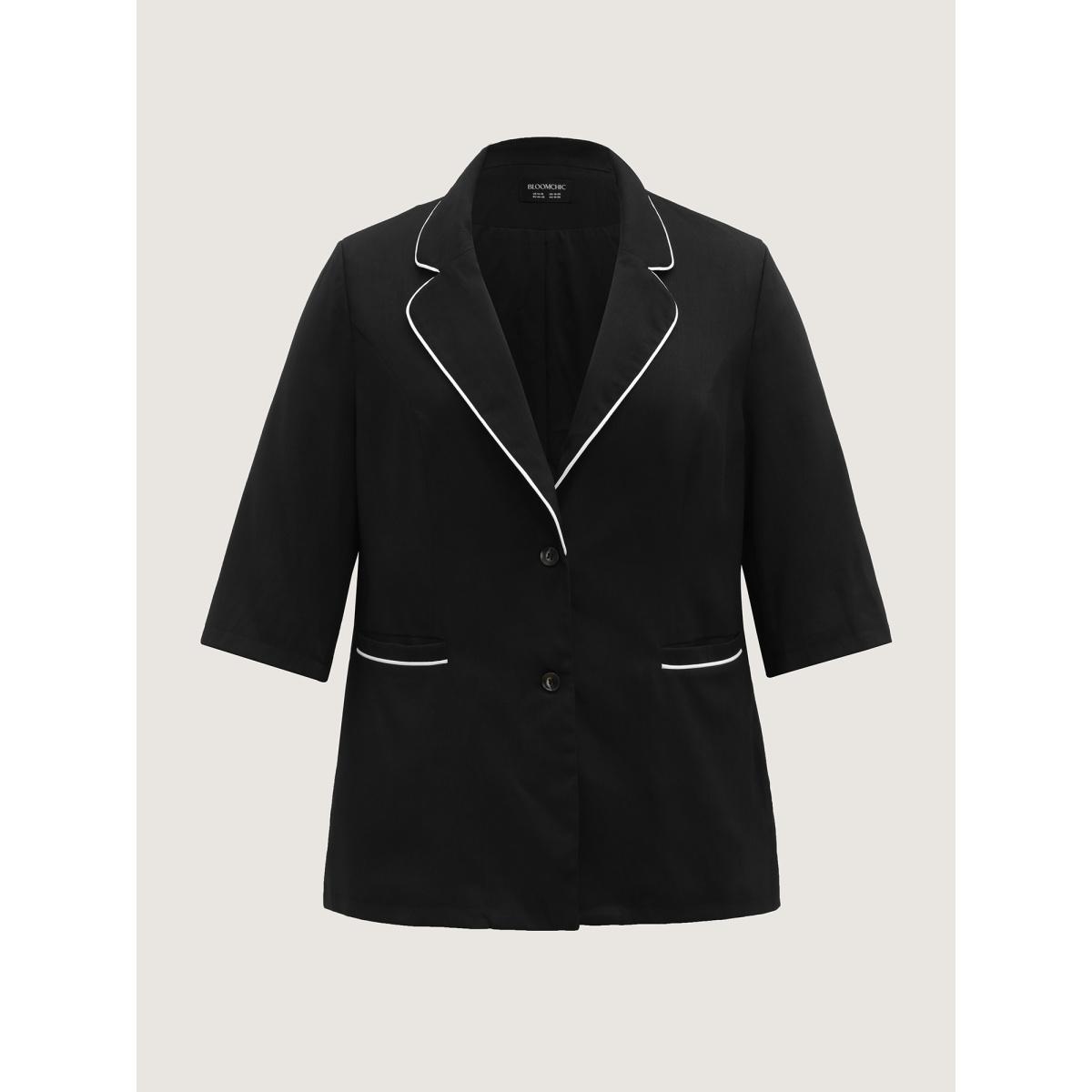 Plus Size Contrast Pockets Three-Quarter Sleeve Blazer Black Women Office Woven ribbon&lace trim Sleeve Elbow-length sleeve Suit Collar 14-16/1X Single-flap pocket Office Blazers BloomChic Product Image