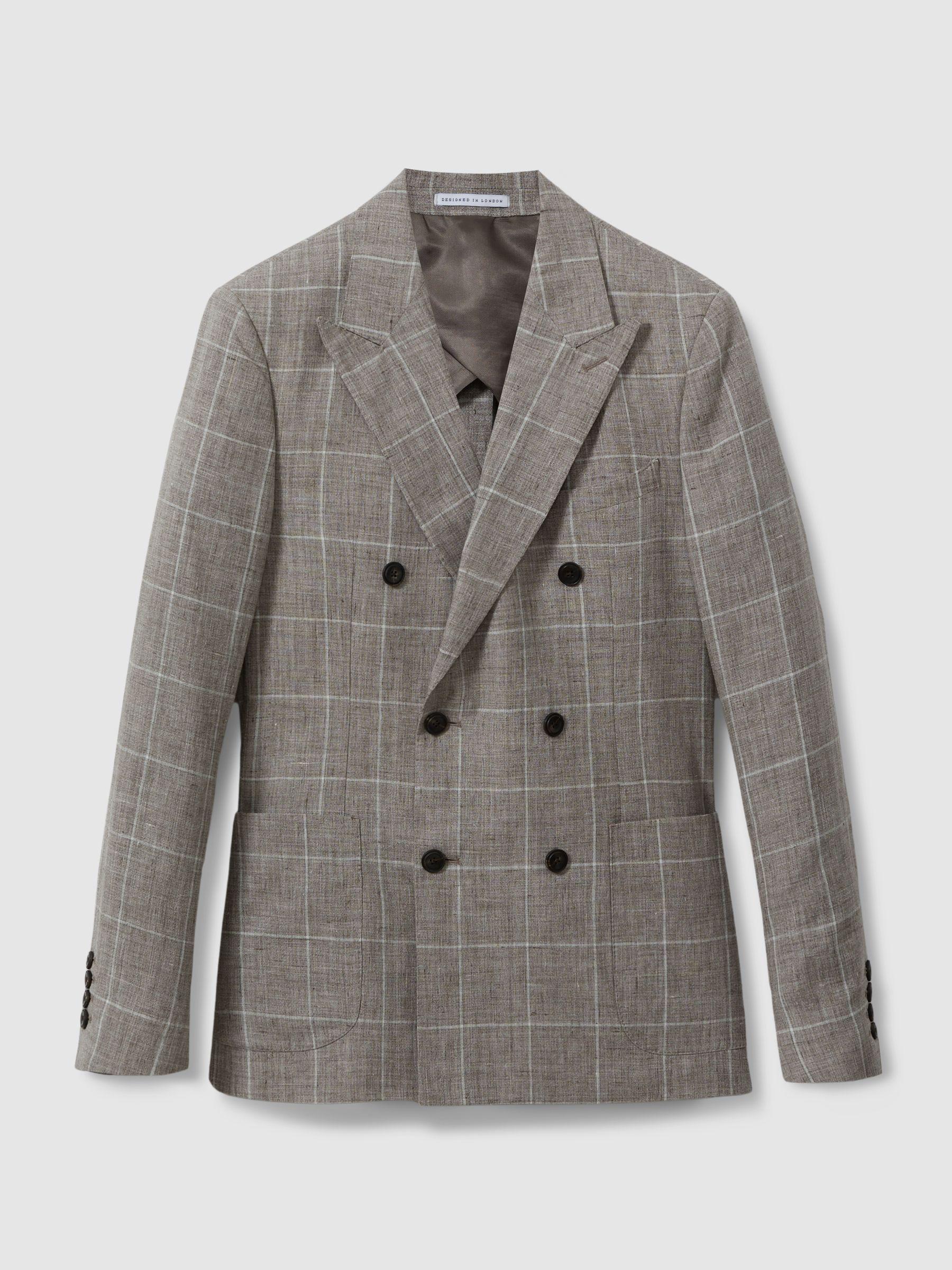 Linen Double Breasted Check Blazer in Light Taupe Product Image