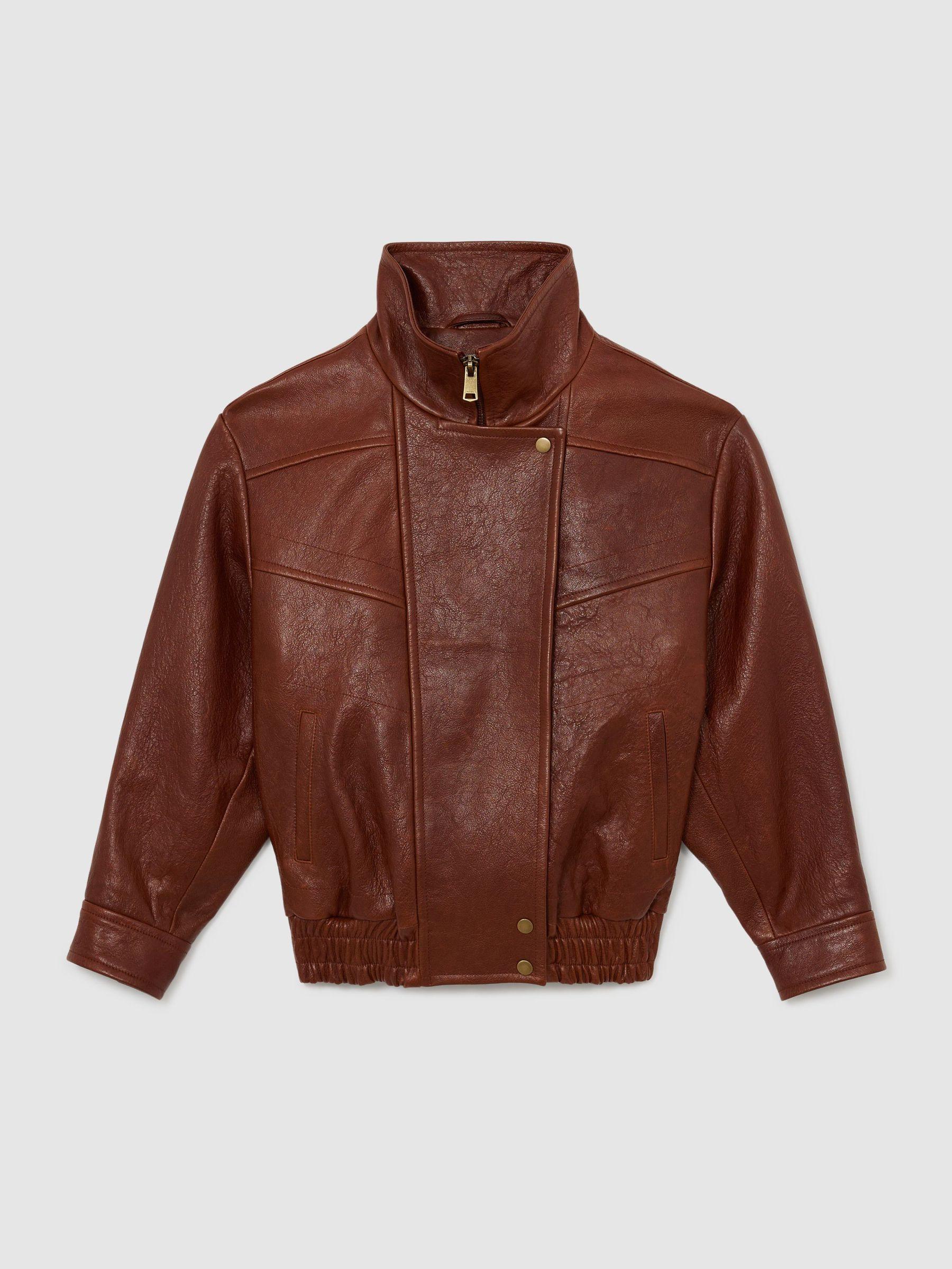 Petite Textured Leather Oversized Jacket in Chestnut Brown Product Image