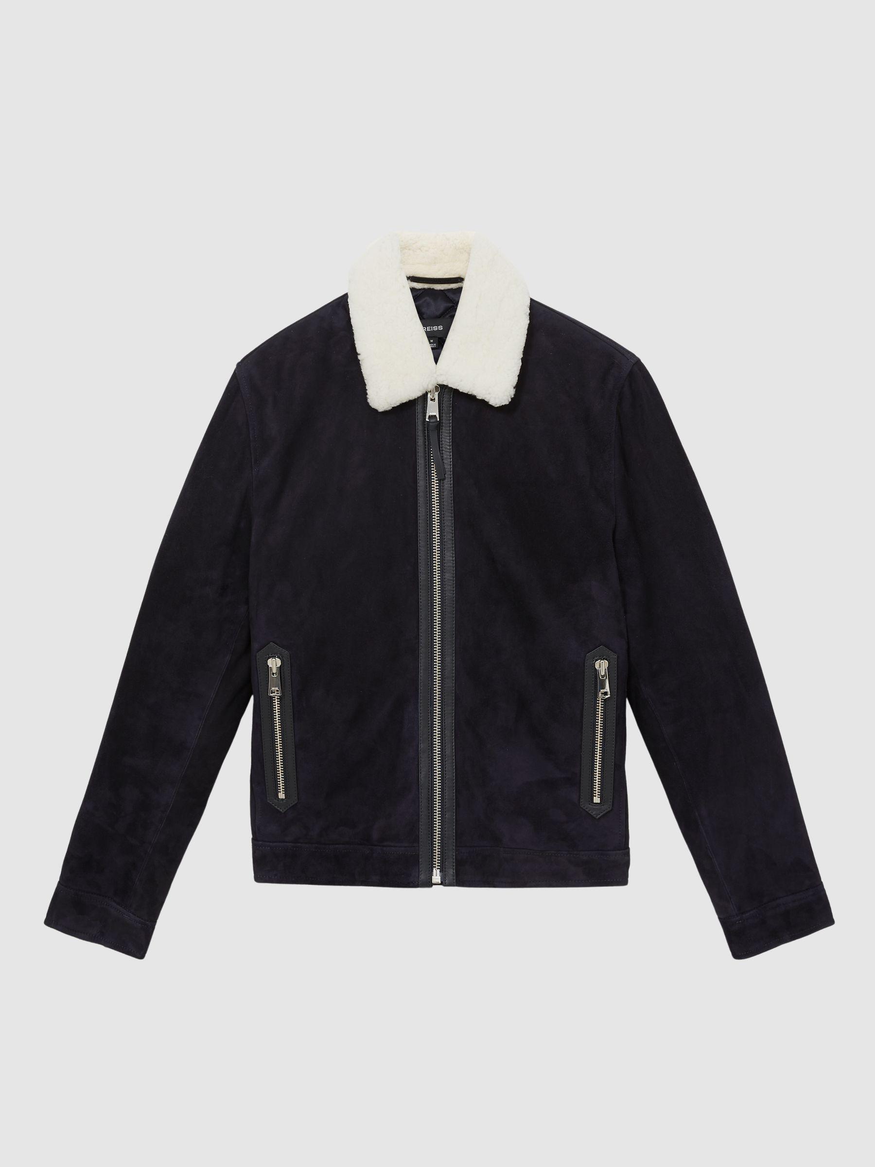 Suede Shearling-Collar Jacket in Navy Product Image