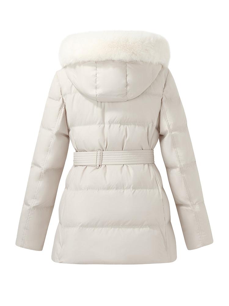 Hooded Gathered Waist Goose Down Coat With Belt Product Image