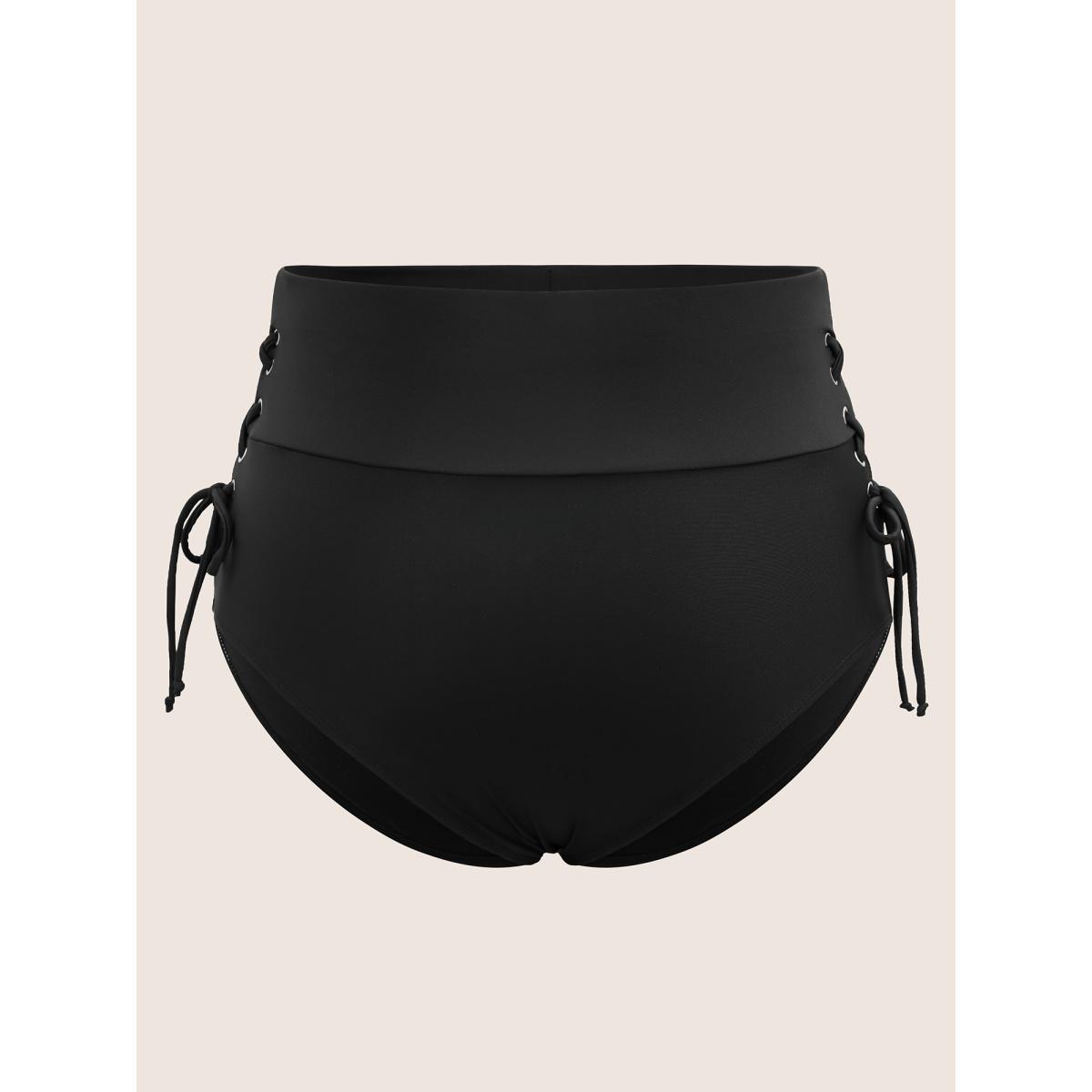 Plus Size Plain Lace Up Side Skinny Swim Bottom Women's Swimwear Black Beach Non High stretch Skinny High Rise Curve Swim Bottoms BloomChic 12/L Product Image