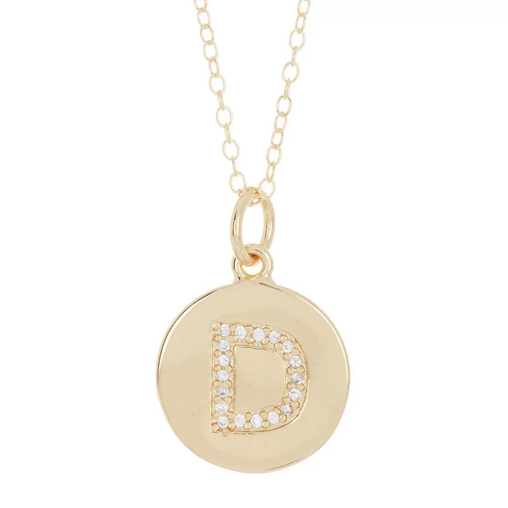 Adornia 14k Gold Plated Cubic Zirconia Engraved Letter Disc Pendant Necklace, Women's, Size: 18", Gold Tone D Product Image