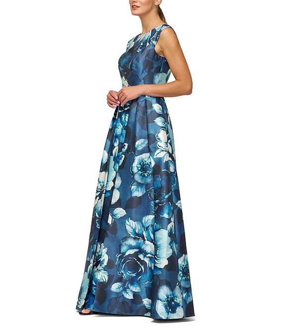 Kay Unger Kate Round Neck Sleeveless Floral Print Mikado Aline Gown Product Image