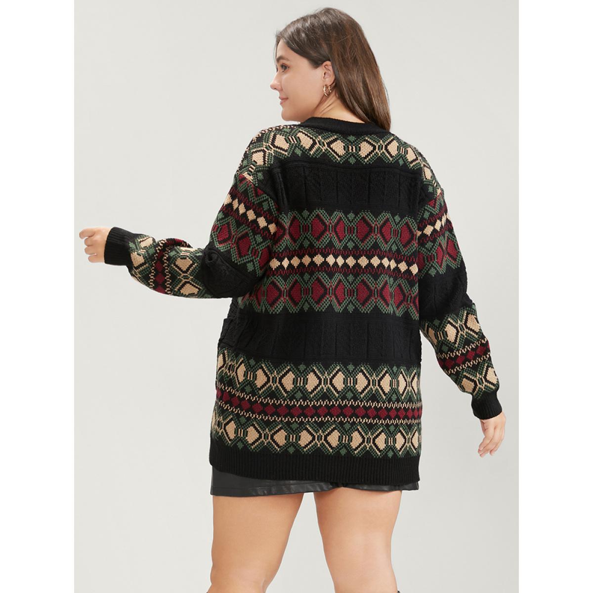 Plus Size Geometric Contrast Pointelle Knit Pocket Jacquard Button Front Cardigan Multicolor Women Casual Loose Long Sleeve Dailywear Cardigans BloomChic 12/L Product Image