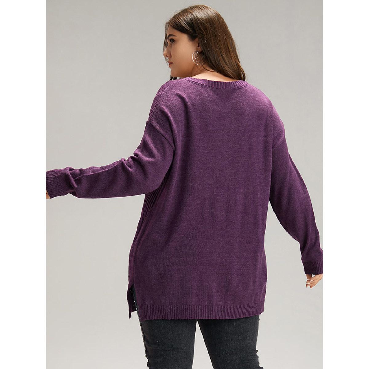 Plus Size Geometric V Neck Split Hem Pullover Purple Women Casual Long Sleeve V-neck Dailywear Pullovers BloomChic 12/L Product Image