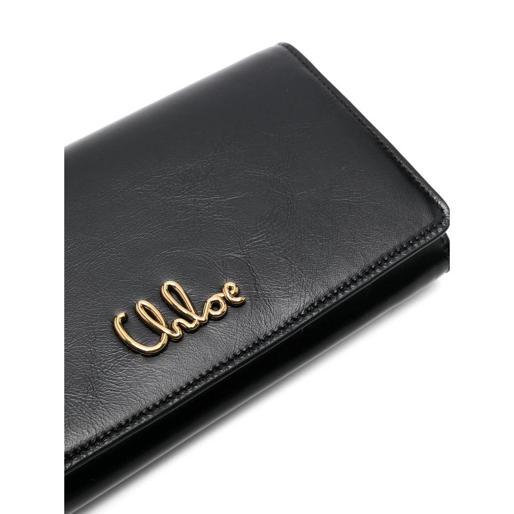 CHLOÉ Iconic Flap Wallet On Chain In Shiny Calfskin In Black Product Image