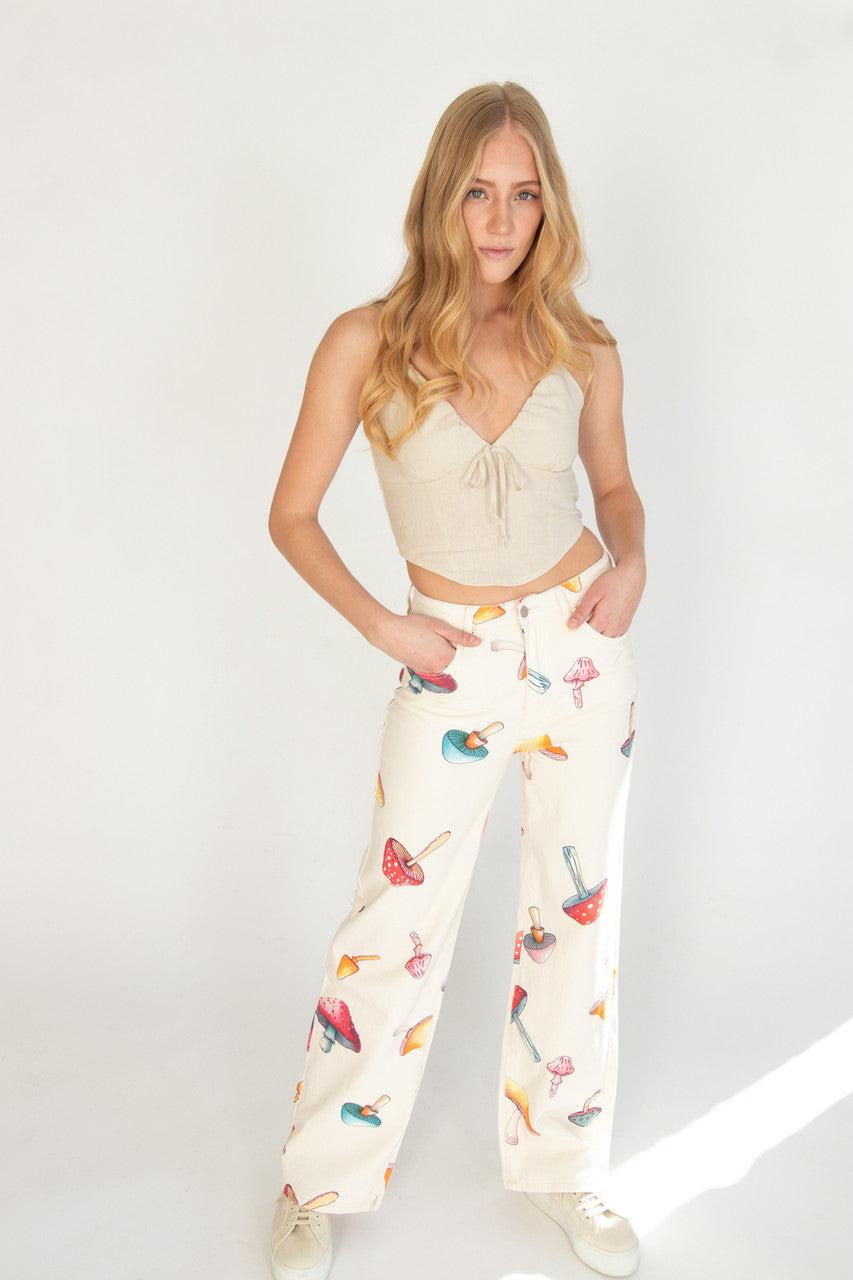 Large Mushroom Print Wide Leg Jeans Product Image
