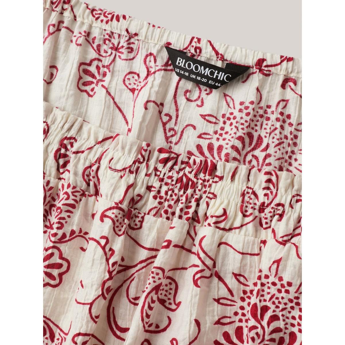 Plus Size Ivory Floral Print Shirred Neck Flowy Blouse Women Short sleeve Square Neck Vacation Blouses BloomChic 28/5X Product Image