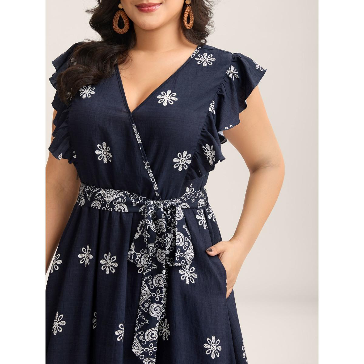 Plus Size Rayon Stretchy Waist Pockets Flutter Midi Dress Indigo Women Boho Overlap Collar Cap Sleeve Curvy BloomChic 22-24/3X Product Image