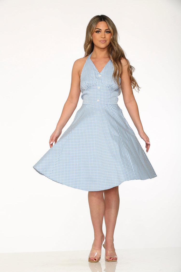 Blue White Checkmate Halter Swing Dress Product Image