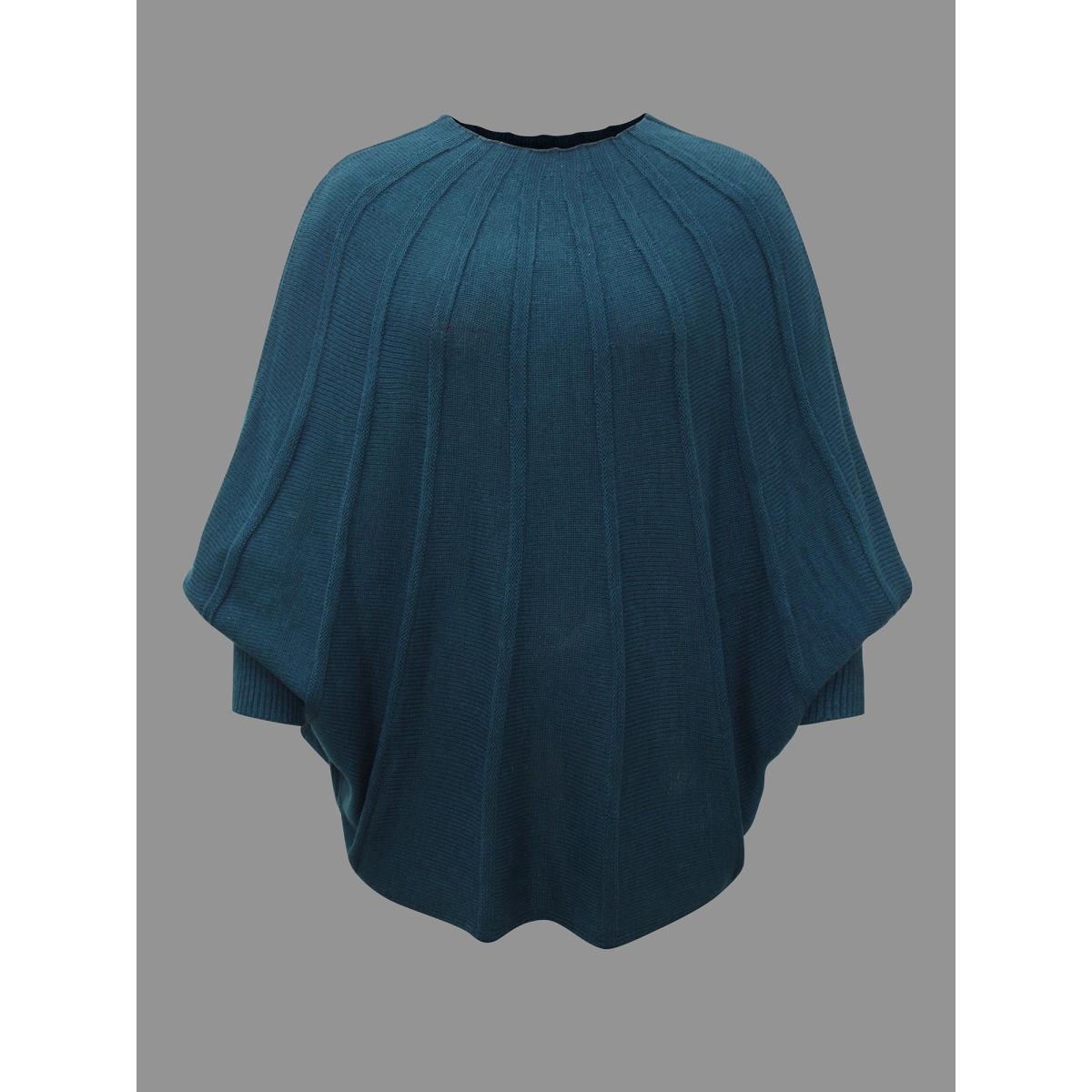 Plus Size Plain Textured Batwing Sleeve Pullover Cyan Women Casual Loose Long Sleeve Round Neck Everyday Pullovers BloomChic 18-20/2X Product Image